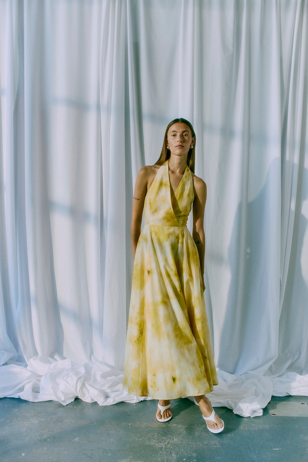 yellow tie dye dress Cph Muse FIE Cold Water Camille Satin Mini Dress category::sets Size:Pre-order Size 14