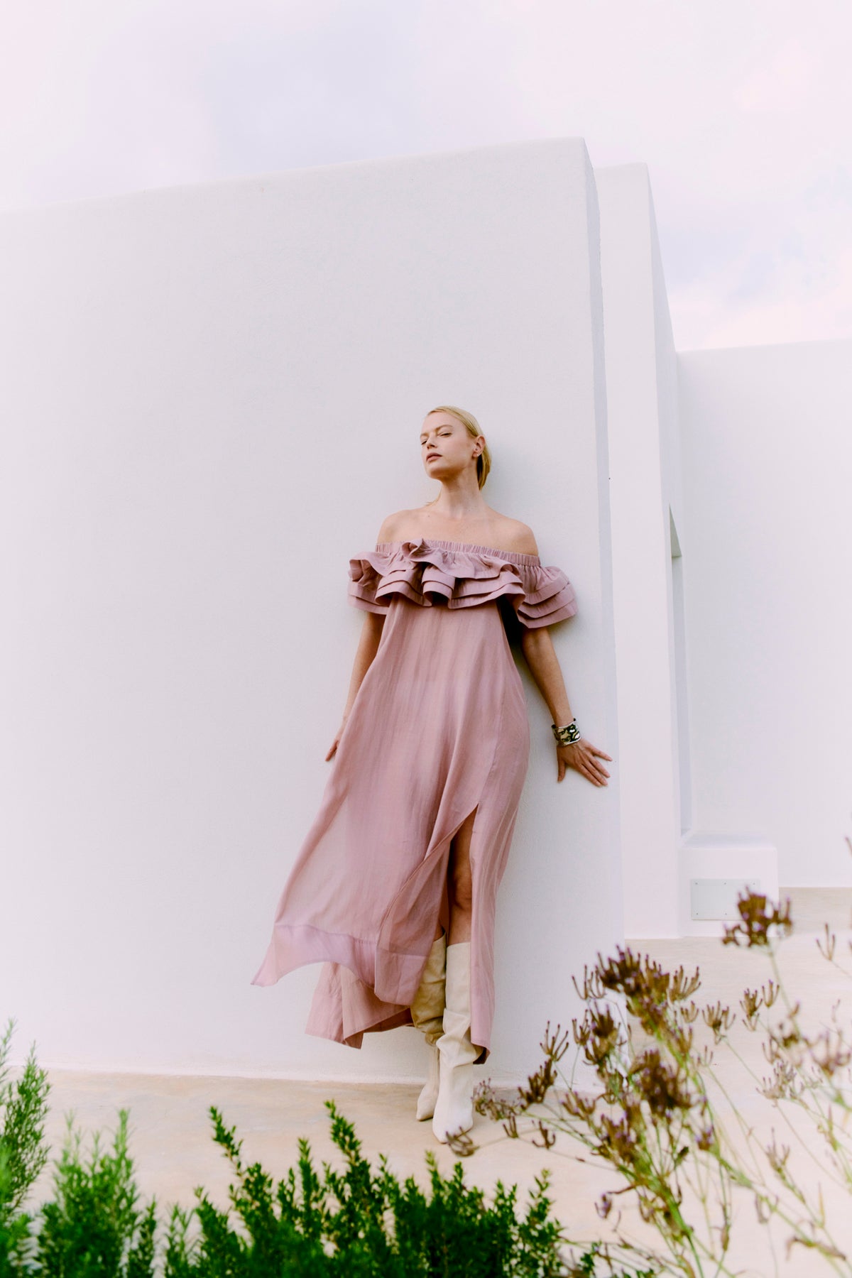 Cmmolly - off -shoulder jurk met ruches trim in roos