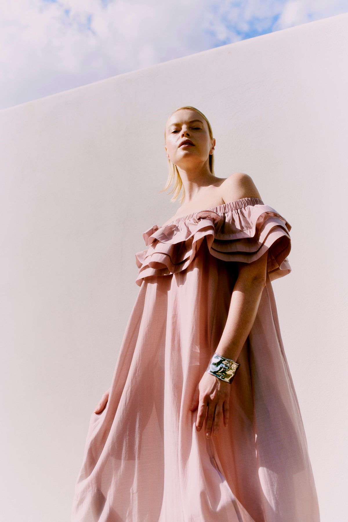 Cmmolly - off -shoulder jurk met ruches trim in roos