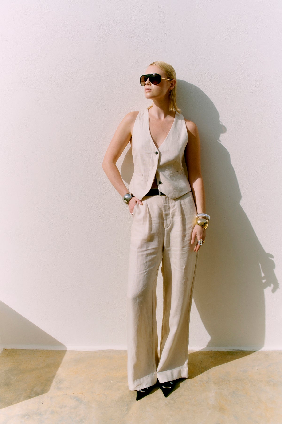 CMNATURE - LINEN WAISTCOAT IN BEIGE,OFF-WHITE