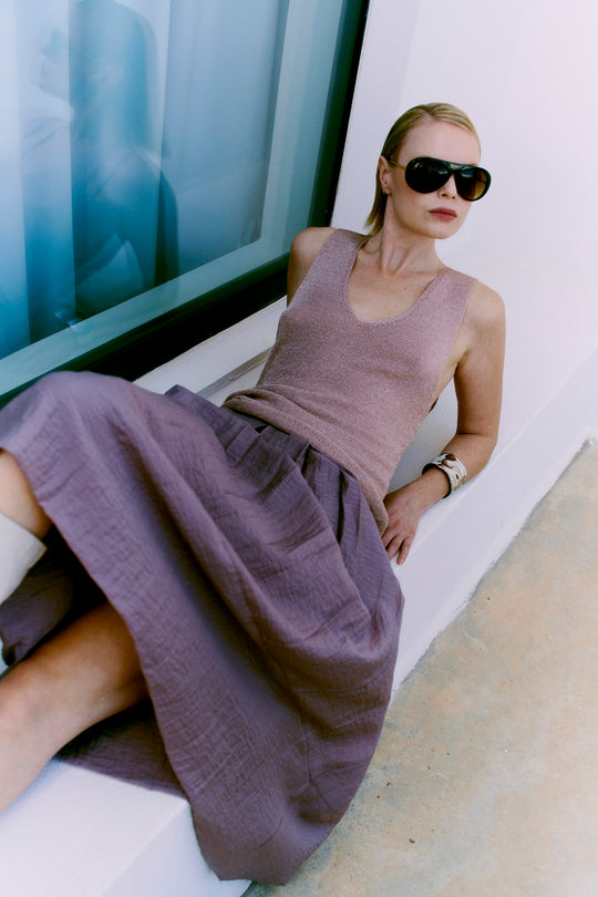 Cmmeta - omkeerbare gebreide top met metalen draad in beige