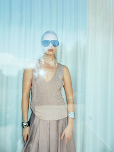 CMMETA - REVERSIBLE KNITTED TOP WITH METALLIC THREAD IN BEIGE