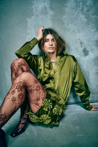 CMTINO - SKIRT WITH FLORAL DECORATIONS IN KHAKI GREEN