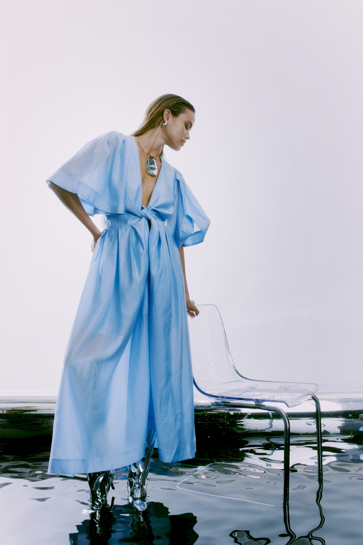 light blue wrap dress with sleeves Sky Blue Chiffon Wrap Dress with Ruffle Hem and Flutter Sleeves, Bridesmaids or Wedding Guest Outfit