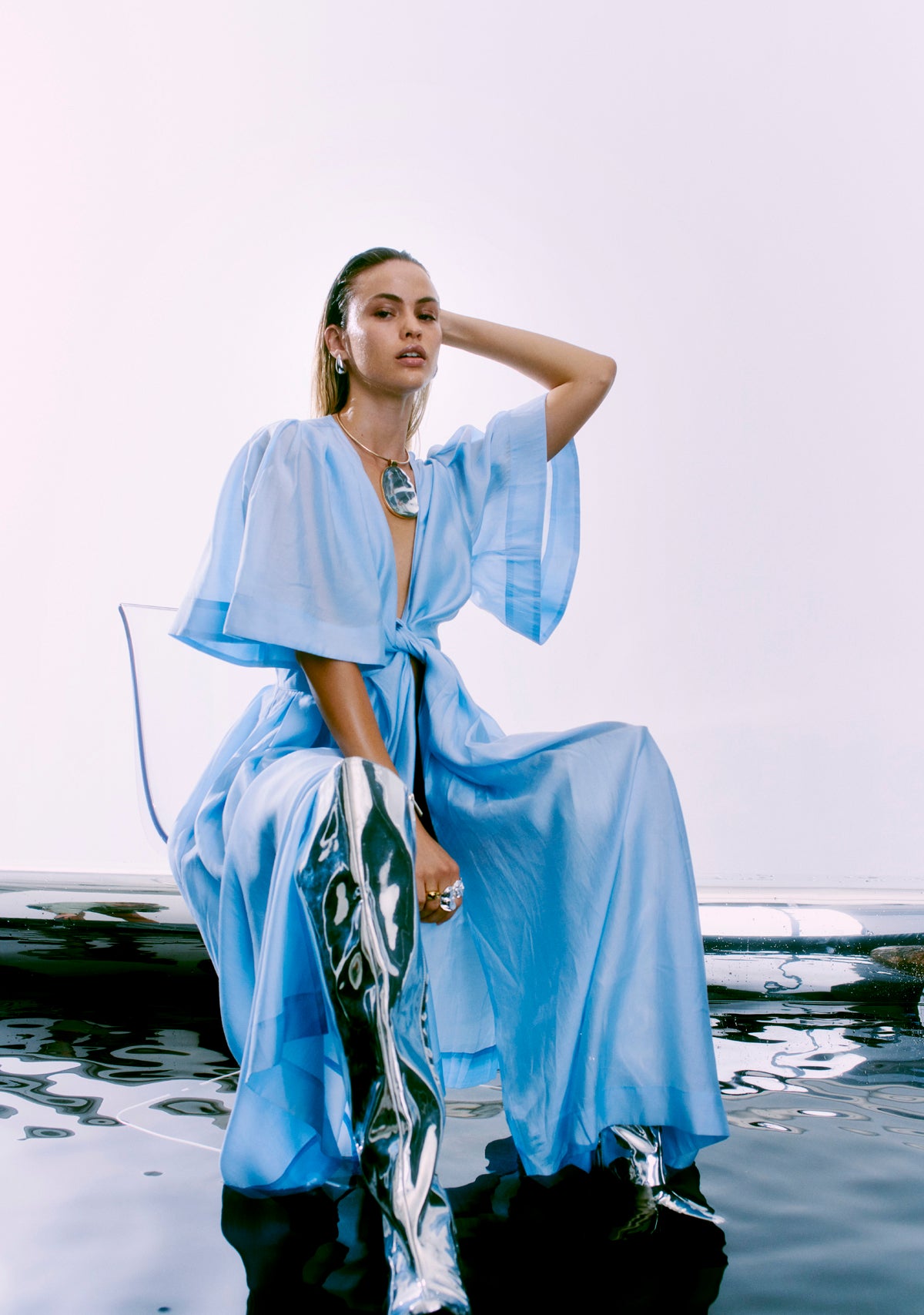 Cmmolly - wikkel jurk witf puff mouwen in blauw