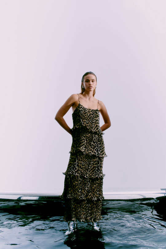 Cmkira - geplooide jurk met ruches in luipaard