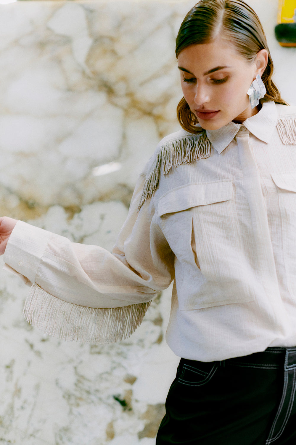 CMPOPSY - SHIRT WITH FRINGES IN BEIGE