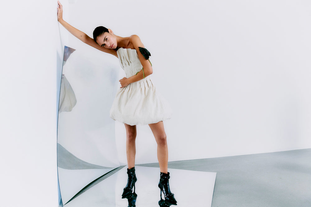 CMBRINDA - SHORT DRESS WITH BALLOON EFFECT IN OFF-WHITE