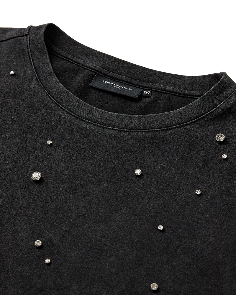 CMMUSE - T-SHIRT WITH RHINESTONES IN BLACK