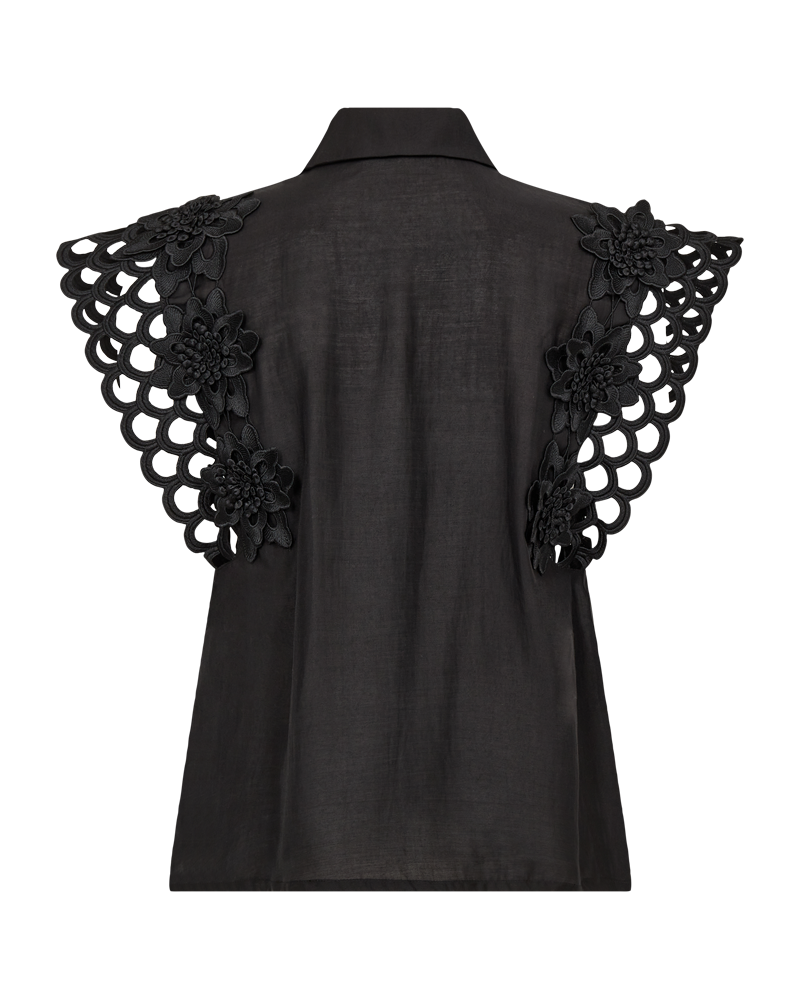 CMMOLLY - SHIRT WITH LACE AND HAND-STITCHED FLOWERS IN BLACK