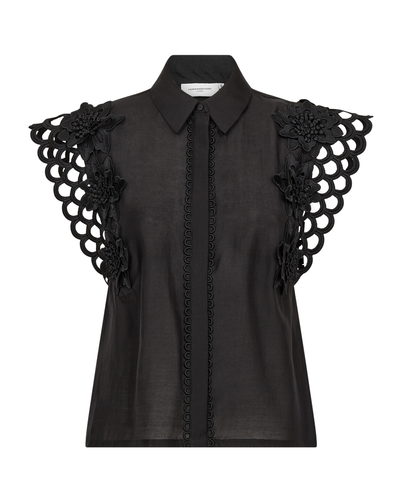 CMMOLLY - SHIRT WITH LACE AND HAND-STITCHED FLOWERS IN BLACK