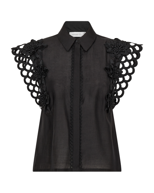 CMMOLLY - SHIRT WITH LACE AND HAND-STITCHED FLOWERS IN BLACK
