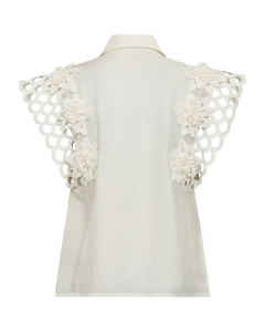 CMMOLLY - SHIRT WITH LACE AND HAND-STITCHED FLOWERS IN OFF-WHITE