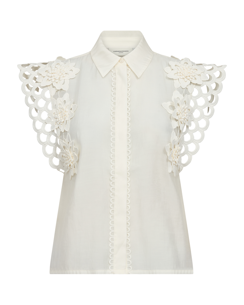 CMMOLLY - SHIRT WITH LACE AND HAND-STITCHED FLOWERS IN OFF-WHITE