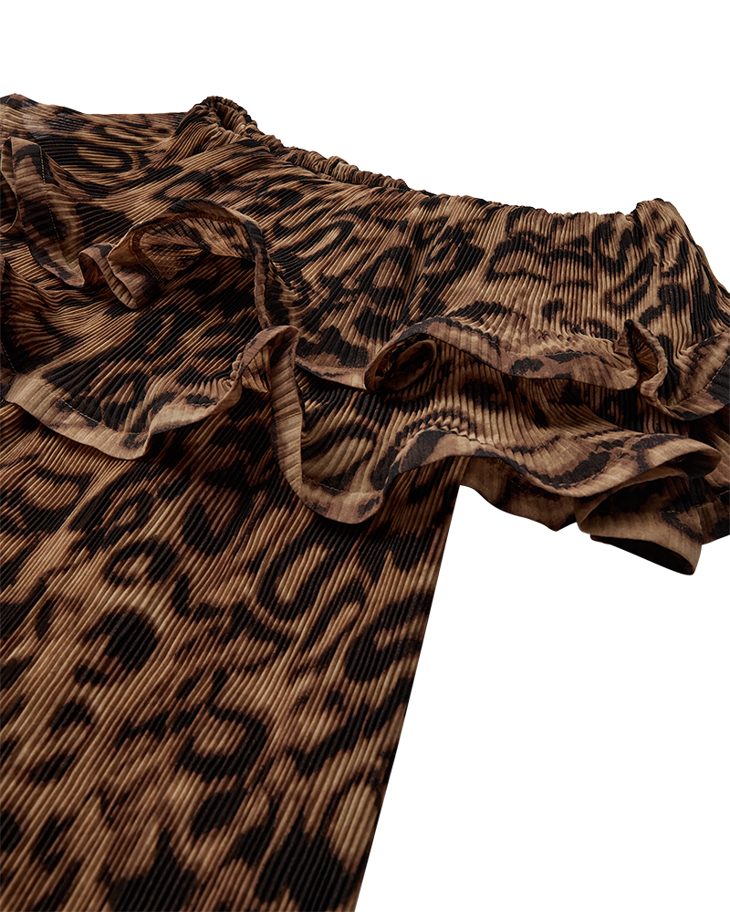 CMKIRA - PLEATED OFF-SHOULDER DRESS IN LEOPARD