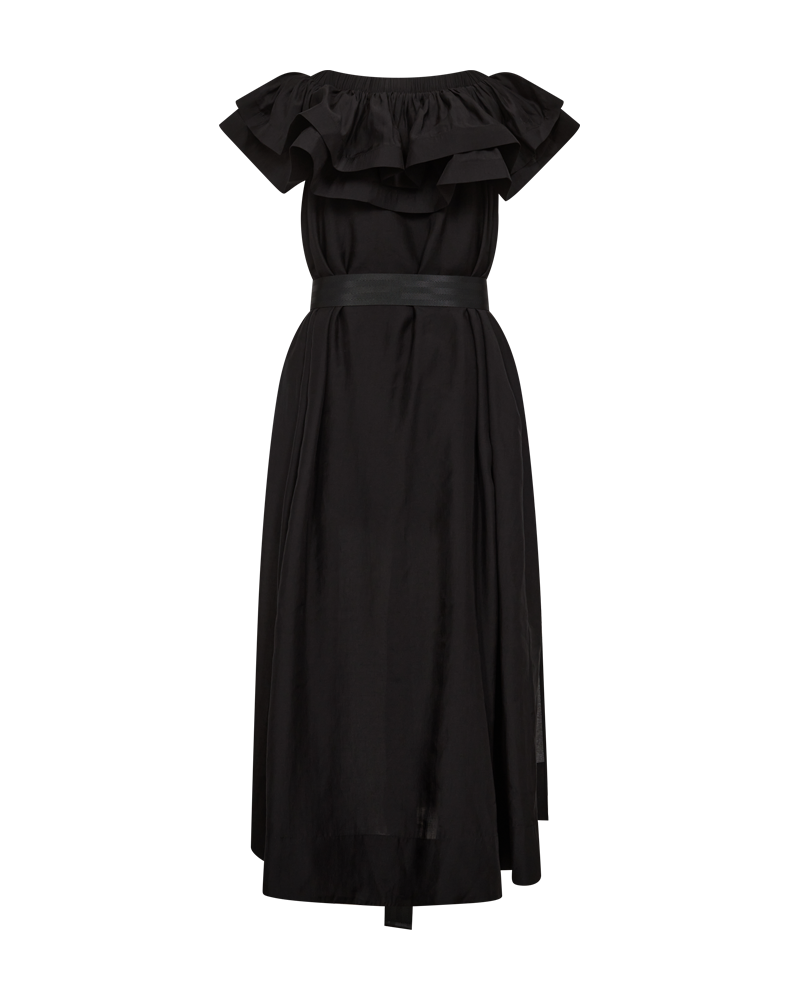CMMOLLY - OFF-SHOULDER DRESS WITH RUFFLE TRIM IN BLACK CMMOLLY - OFF-SHOULDER DRESS WITH RUFFLE TRIM IN BLACK