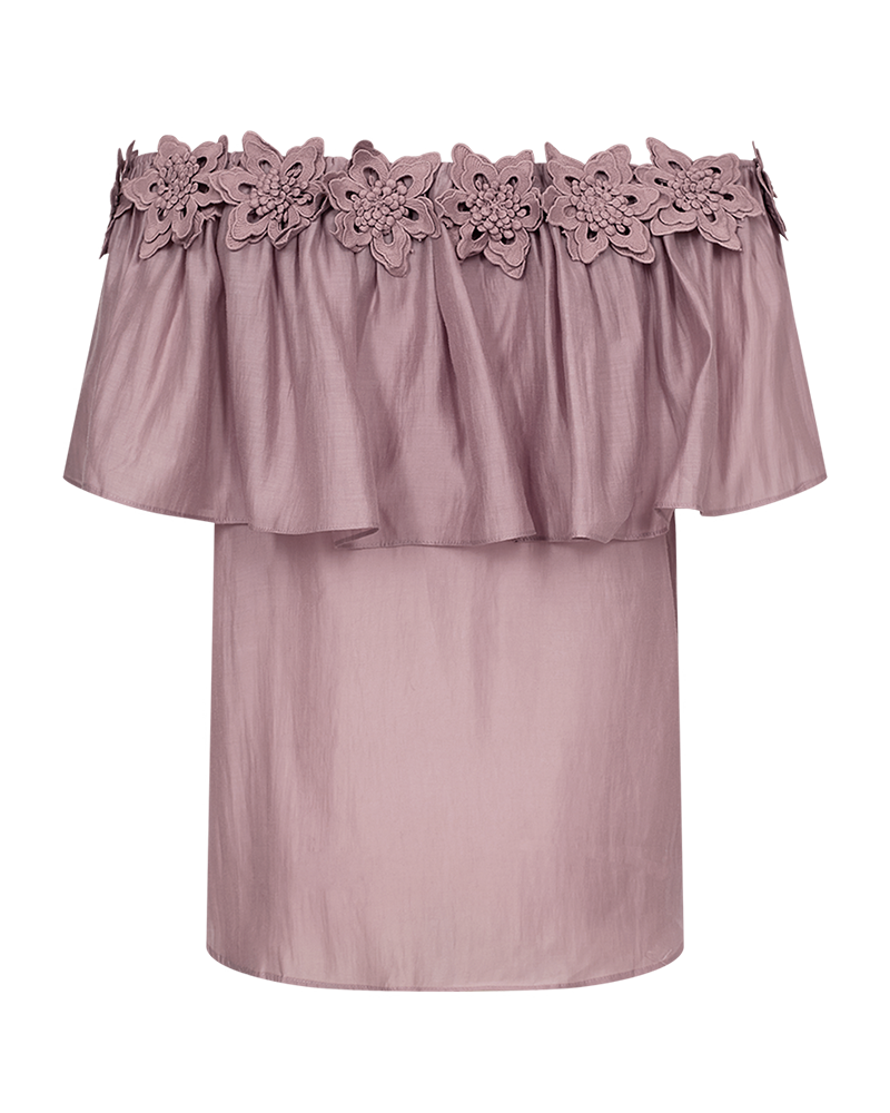 CMMOLLY - OFF-SHOULDER BLOUSE WITH HAND-SEWN FLOWERS IN ROSE