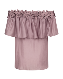CMMOLLY - OFF-SHOULDER BLOUSE WITH HAND-SEWN FLOWERS IN ROSE