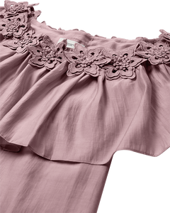 CMMOLLY - OFF-SHOULDER BLOUSE WITH HAND-SEWN FLOWERS IN ROSE