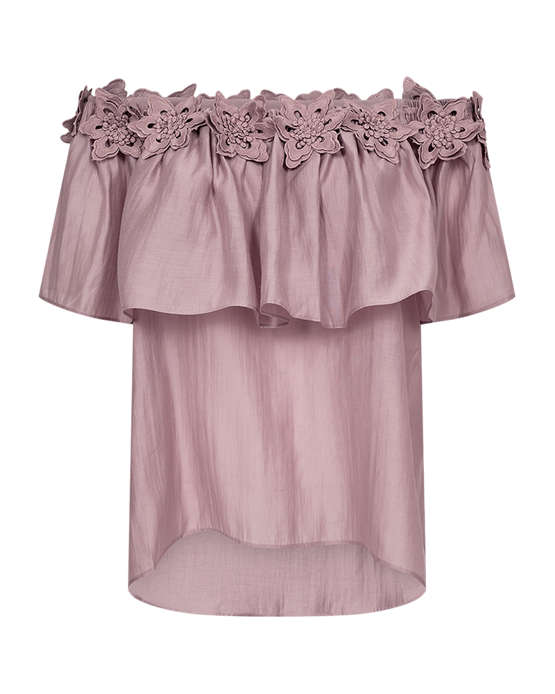 CMMOLLY - OFF-SHOULDER BLOUSE WITH HAND-SEWN FLOWERS IN ROSE