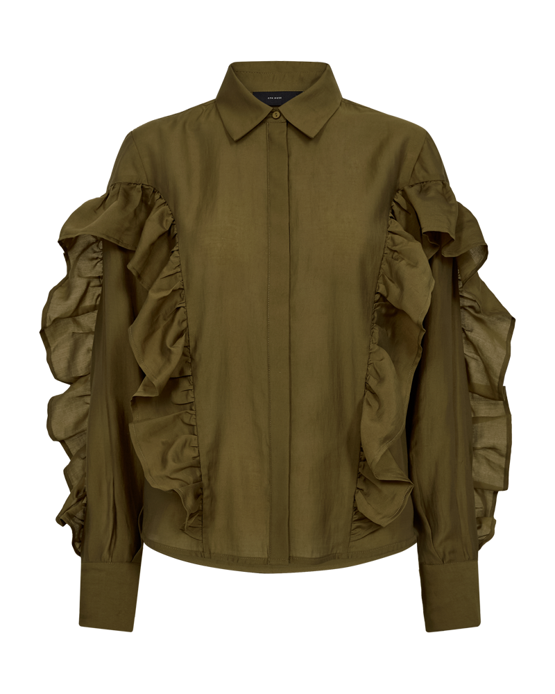 CMMOLLY - SHIRT WITH RUFFLES IN KHAKI GREEN