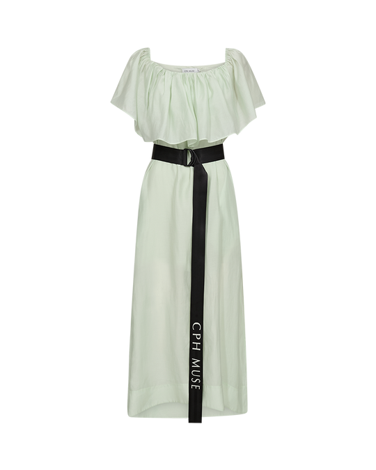 CMMOLLY - DRESS WITH RUFFLES AND BELT IN GREEN
