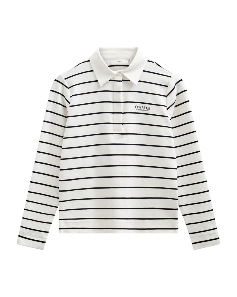 CMMUSE - POLO WITH STRIPES IN OFF-WHITE AND BLACK