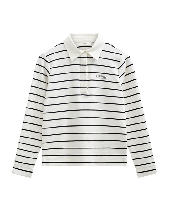 CMMUSE - POLO WITH STRIPES IN OFF-WHITE AND BLACK