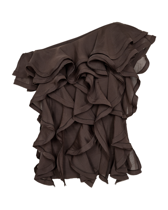 CMTILLY - ONE-SHOULDER BLOUSE WITH RUFFLES IN BROWN