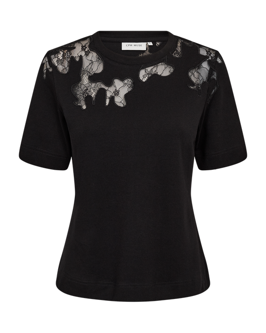 CMMUSE - T-SHIRT WITH LACE DETAILS IN BLACK